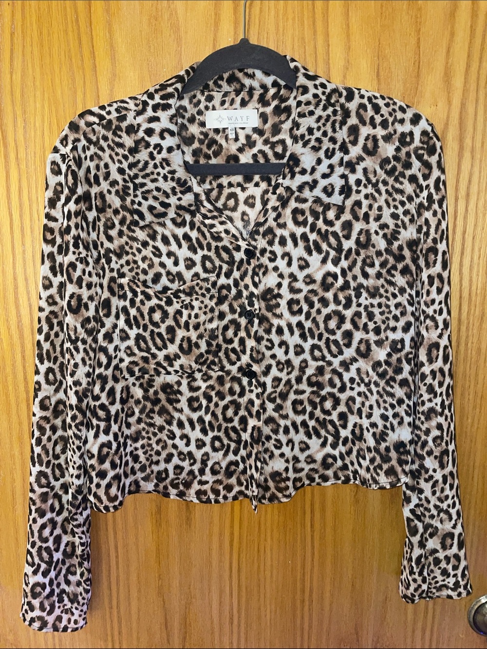 Wayf Leopard Print Button-Down Semi Sheer Blouse